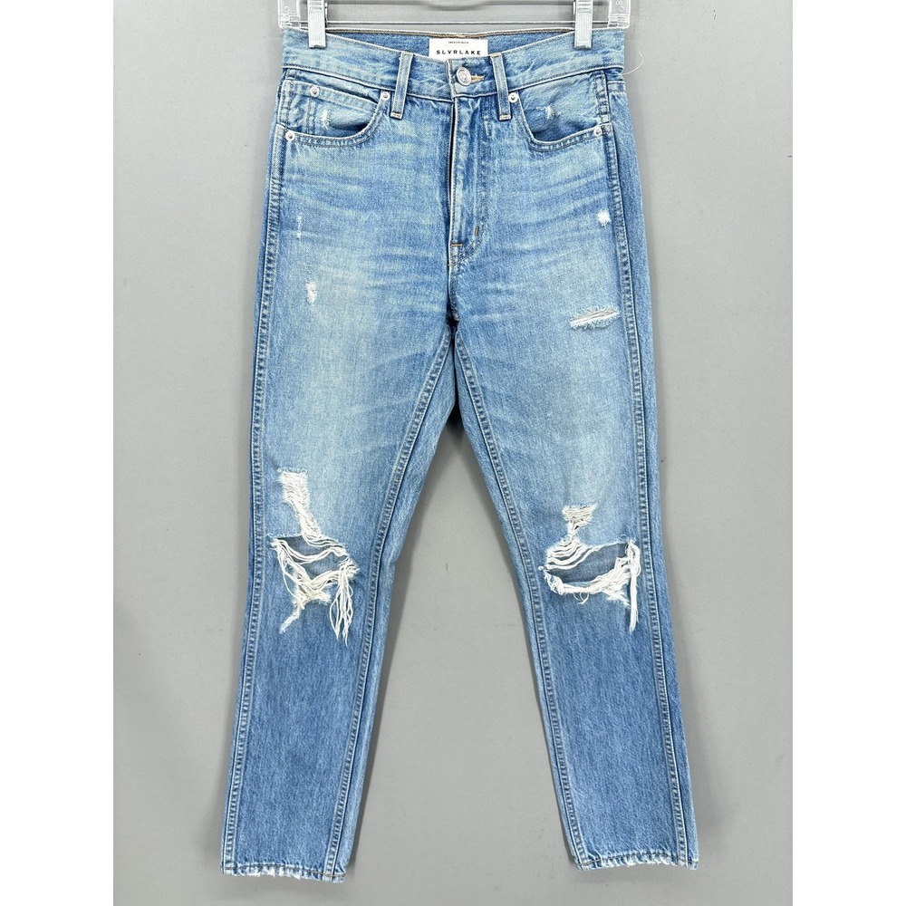 SLVRLAKE Jeans 24 Virginia Slim High Rise Distressed Straight Denim USA Designer